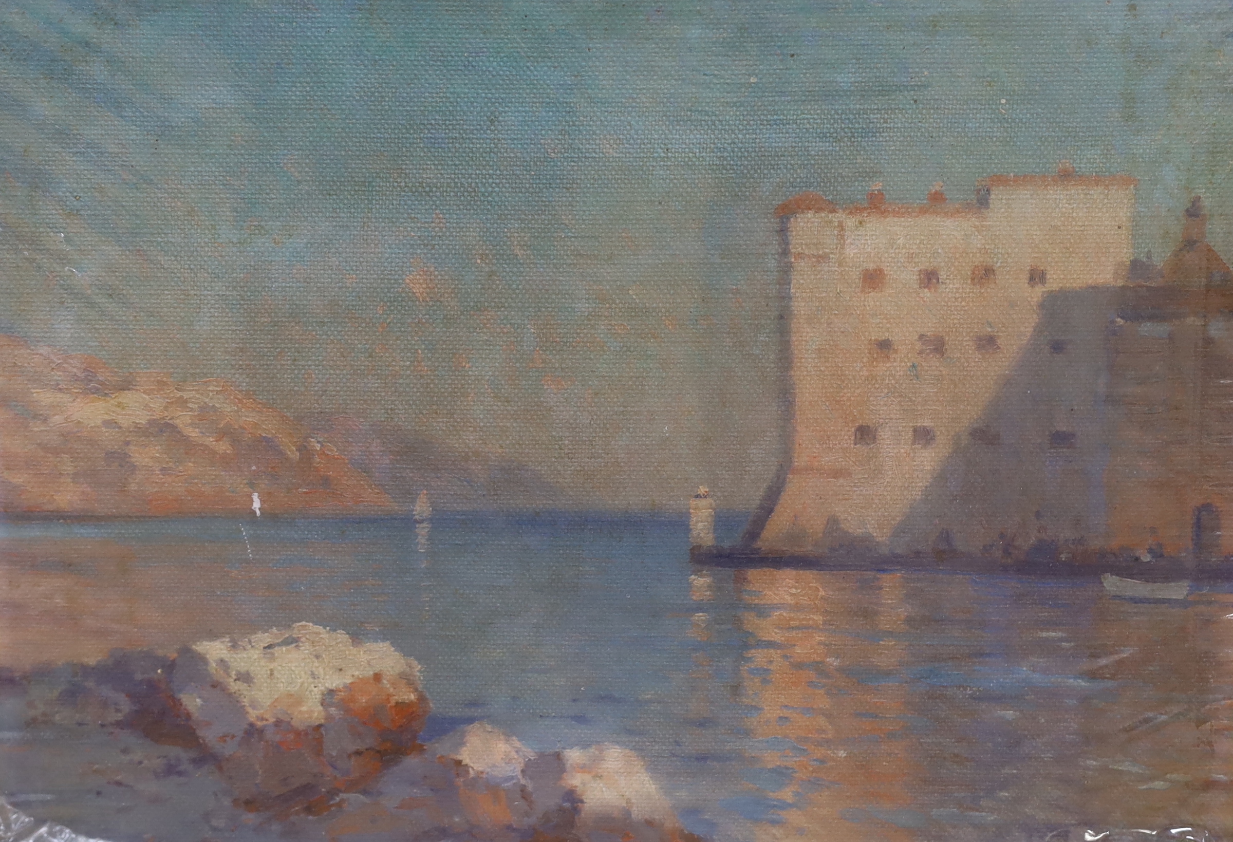 Slovenian school, oil on canvas board, Lakeside landscape with villas, Ljubljana label verso, unframed, 40cm x 30cm